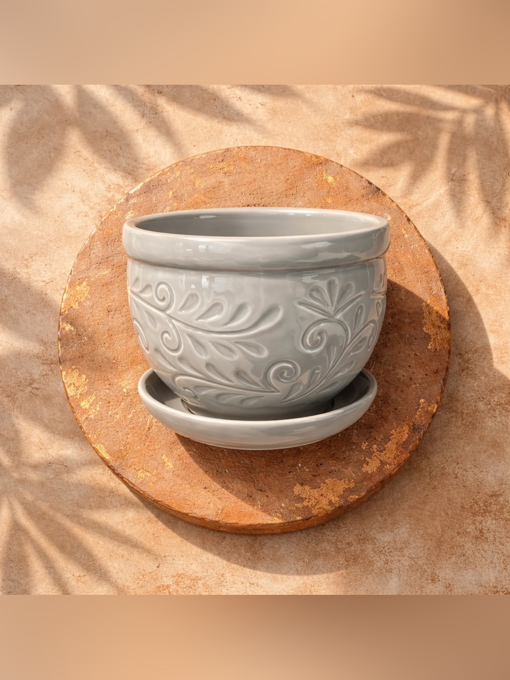 Gray Embossed Ceramic Planter with Attached Saucer